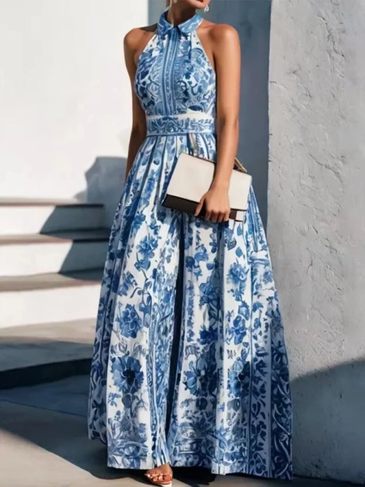 Robe Longue Trapèze – Imprimé Fleuri Vintage, Col à Revers, Élégante et Classique, Style Fête ou Cérémonie