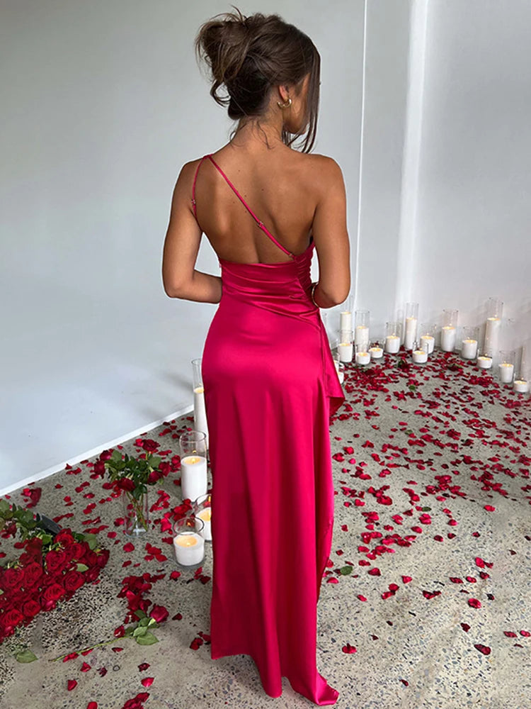 Robe longue en satin sexy d’été à une épaule  sans manches dos nu