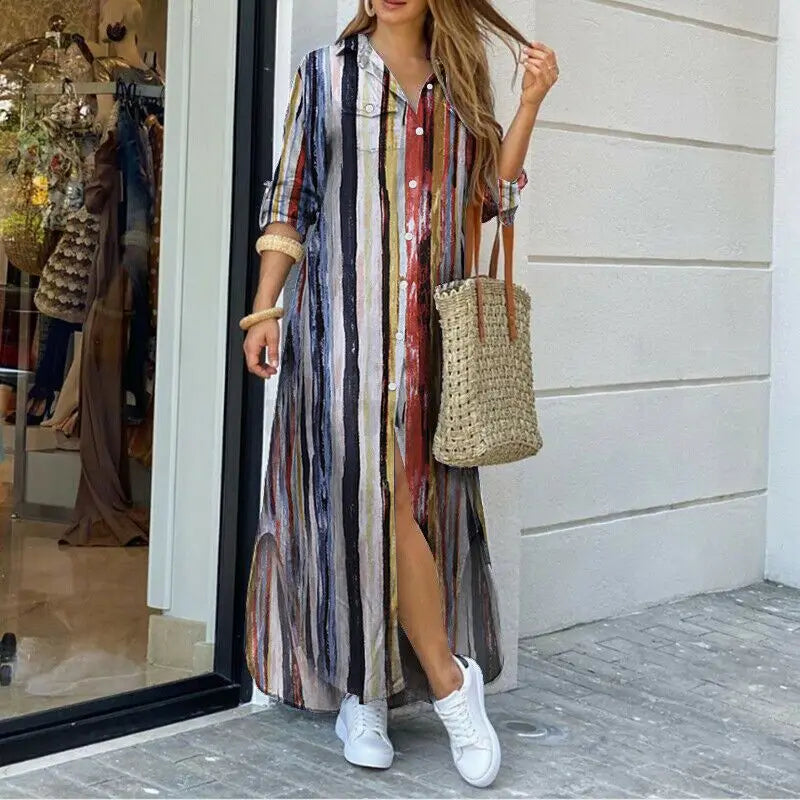 Robe Plaid Imprimé Col Polo Chemise Denim Élégant Manches Longues Bouton Poche