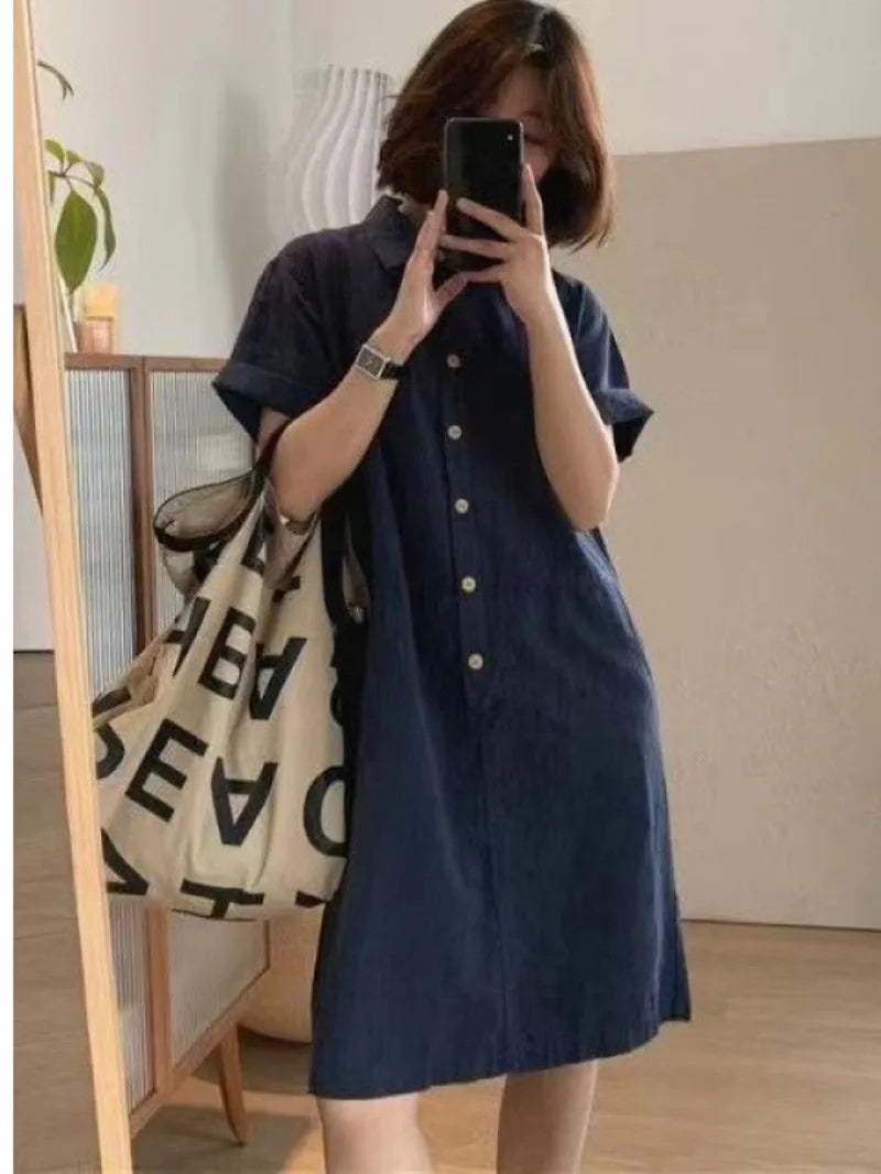 Robe Chemise Mi-Longue en Coton & Lin