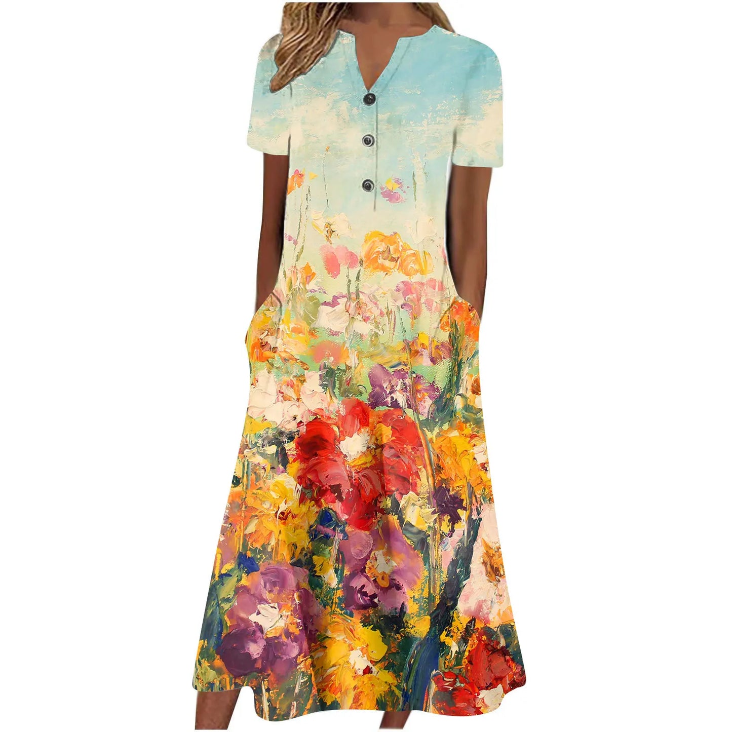 Robe V-Neck Bouton Manches Courtes  Elégant D’été Imprimé