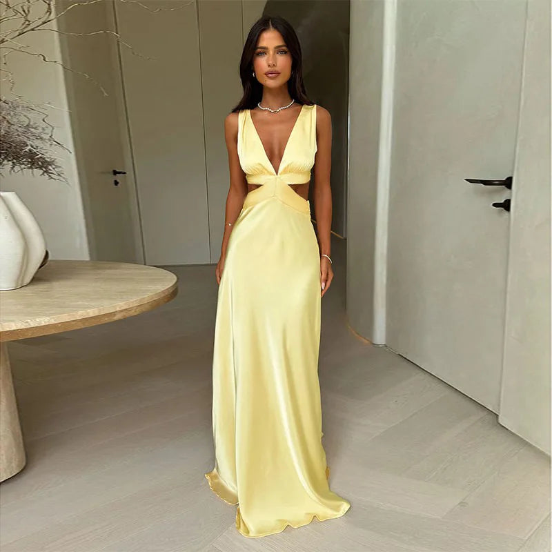Robe Longue – Col V Profond, Sans Manches, Fendue, Dos Nu, Taille Haute