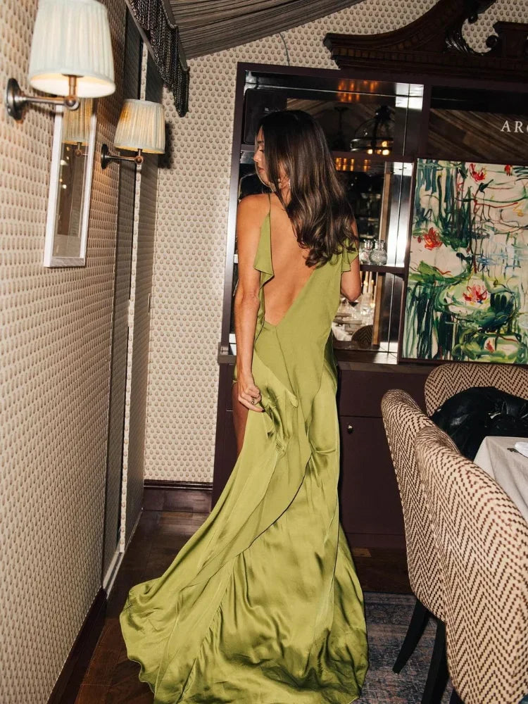 Robe Longue en Satin Vert à Volant