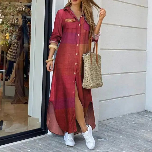 Robe Plaid Imprimé Col Polo Chemise Denim Élégant Manches Longues Bouton Poche