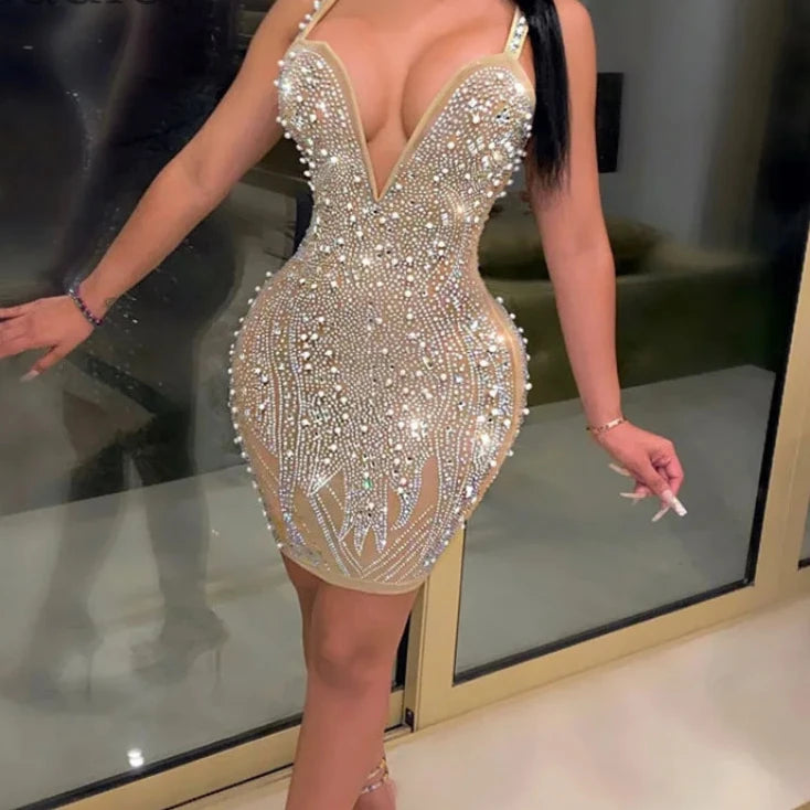 Robe moulante dos nu strass à bretelles spaghetti