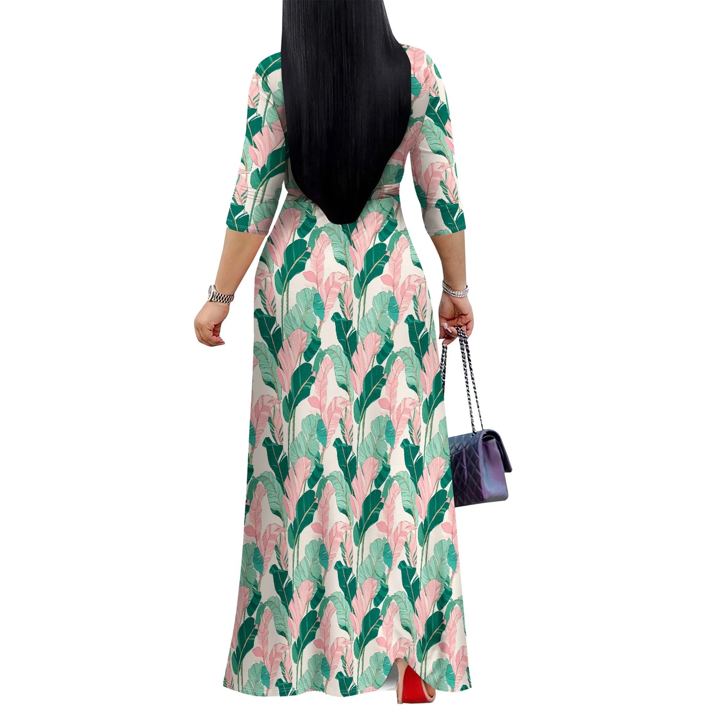 Robe portefeuille à feuilles tropicales rose vert imprimé col en v