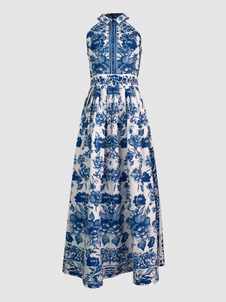 Robe Longue Trapèze – Imprimé Fleuri Vintage, Col à Revers, Élégante et Classique, Style Fête ou Cérémonie
