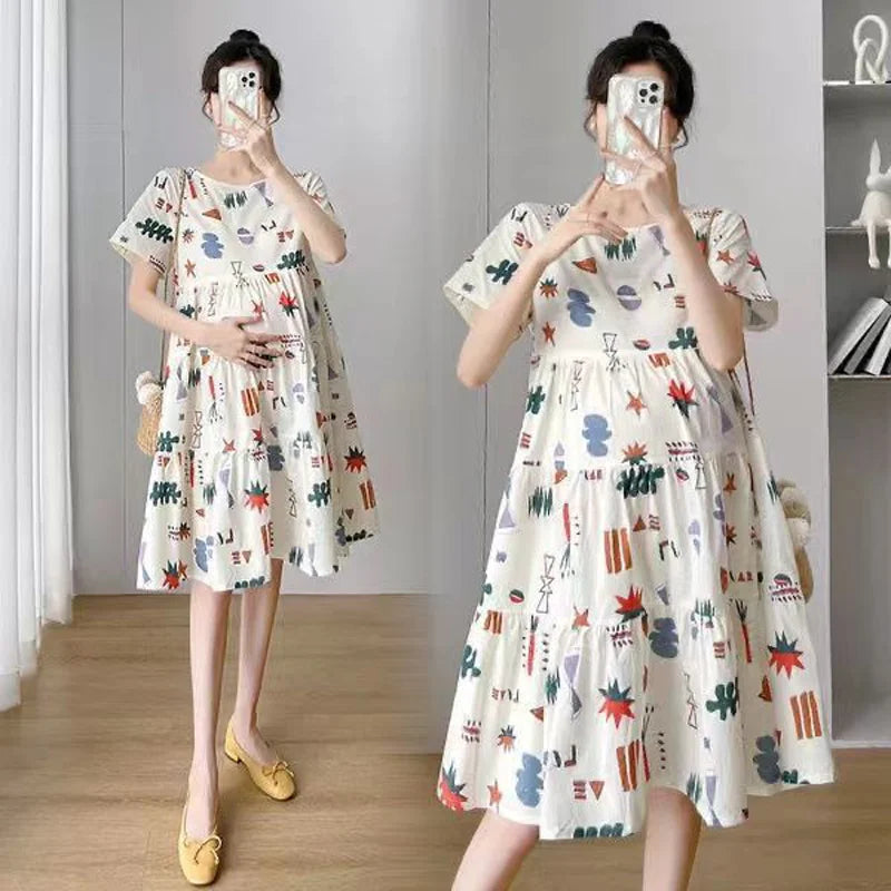 Robe de Grossesse Été – Manches Courtes, Coupe Ample Mi-Longue