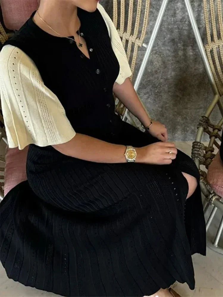 Robe longue en tricot à manches courtes, col rond, simple boutonnage