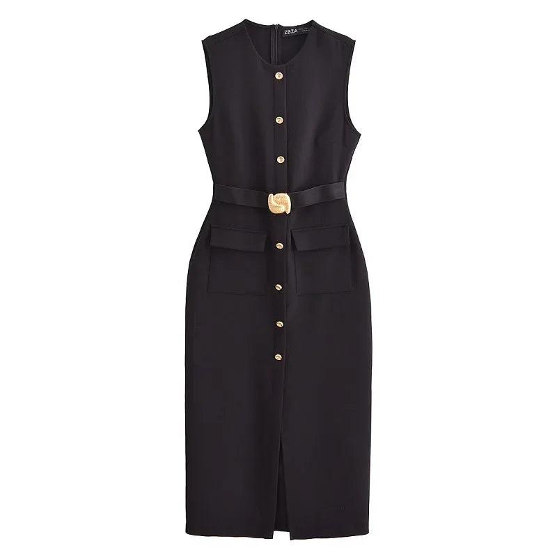 Robe Mi-Longue Sans Manches, Chic Bureau, Boutonnée avec Ceinture, Élégante & Décontractée