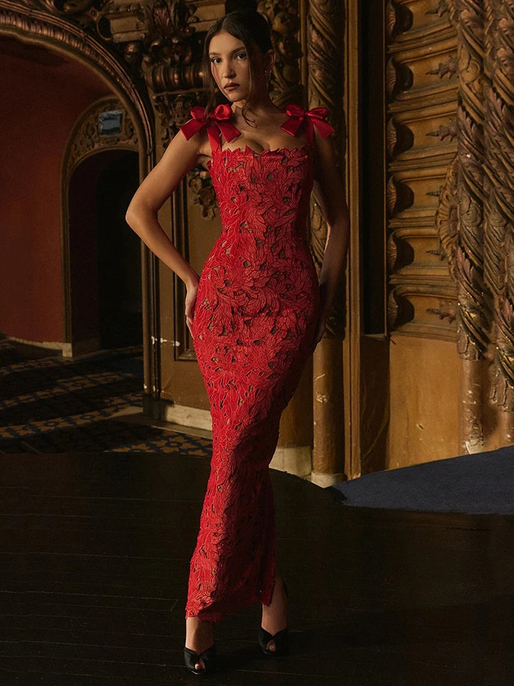 Robe Maxi Sexy en Dentelle avec Nœuds