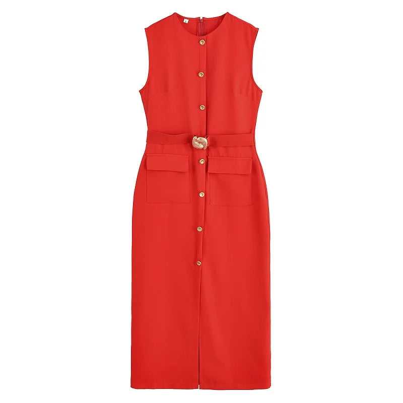 Robe Mi-Longue Sans Manches, Chic Bureau, Boutonnée avec Ceinture, Élégante & Décontractée