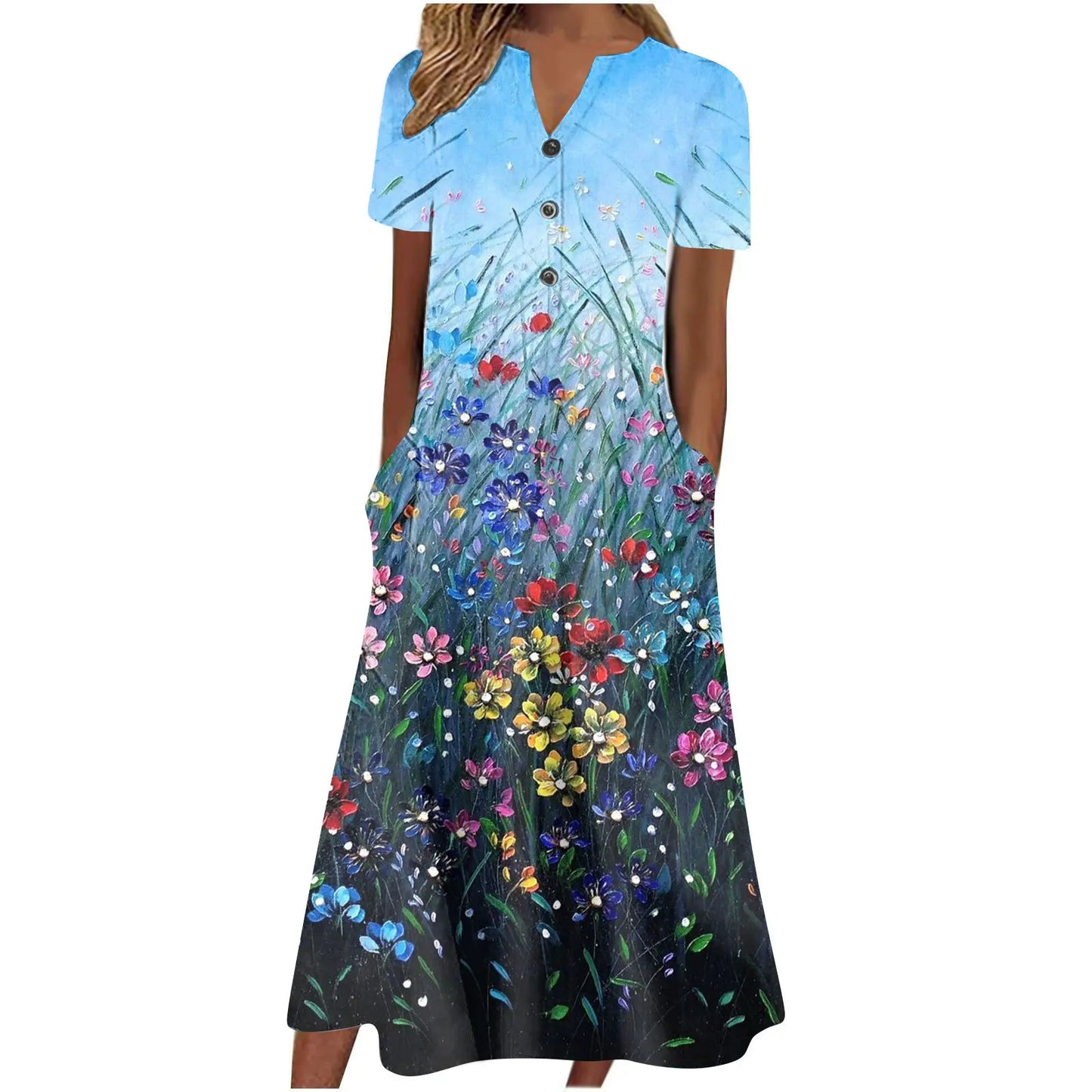 Robe V-Neck Bouton Manches Courtes  Elégant D’été Imprimé