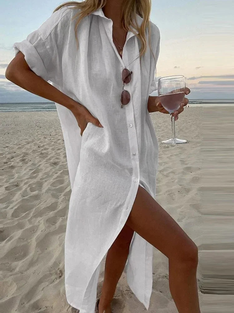 Robe Chemise Mi-Longue en Coton & Lin