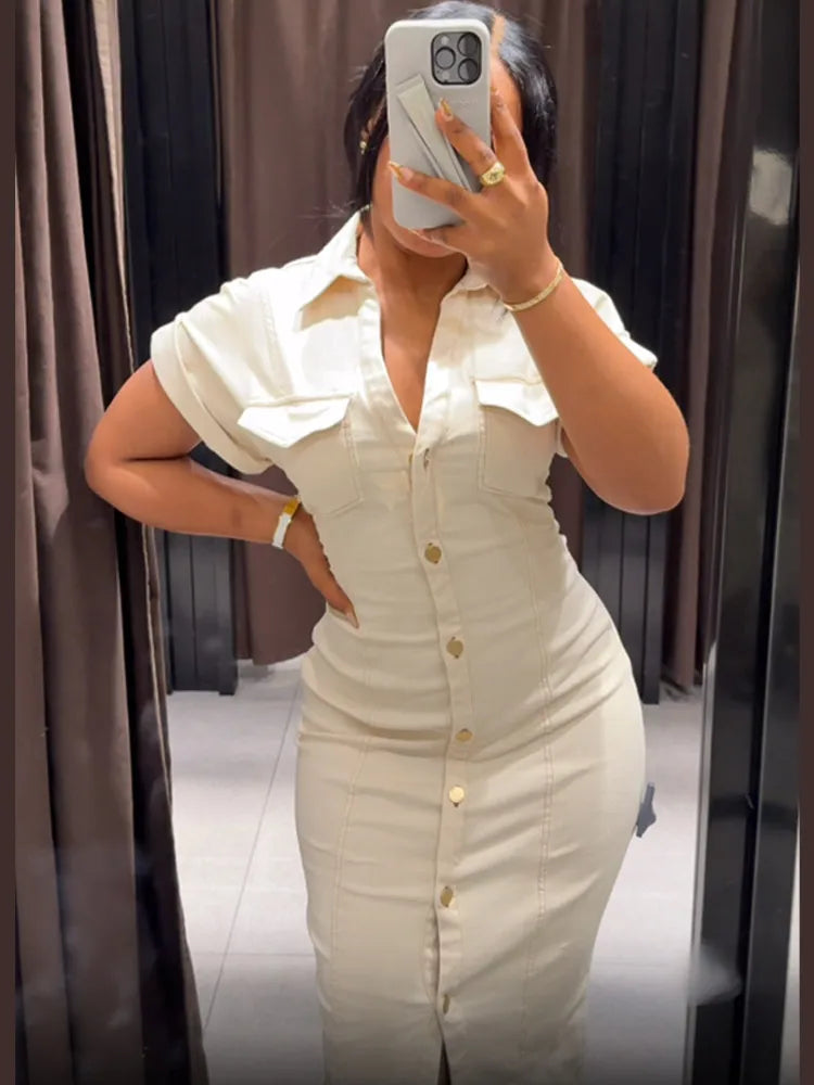 Robe longue en Denim à revers blanc Chic, décontractée, simple boutonnage, manches courtes