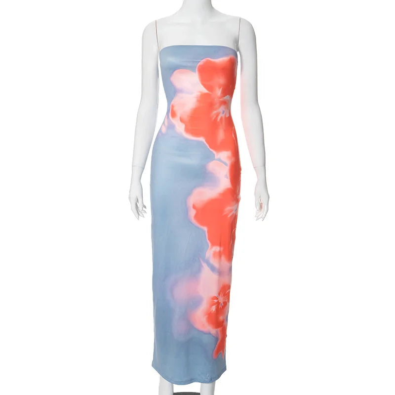 Robe Longue Été Sexy – Imprimée, Bustier, Épaules Dénudées, Dos Nu, Extensible, Style Y2K, Robe Plage 2025