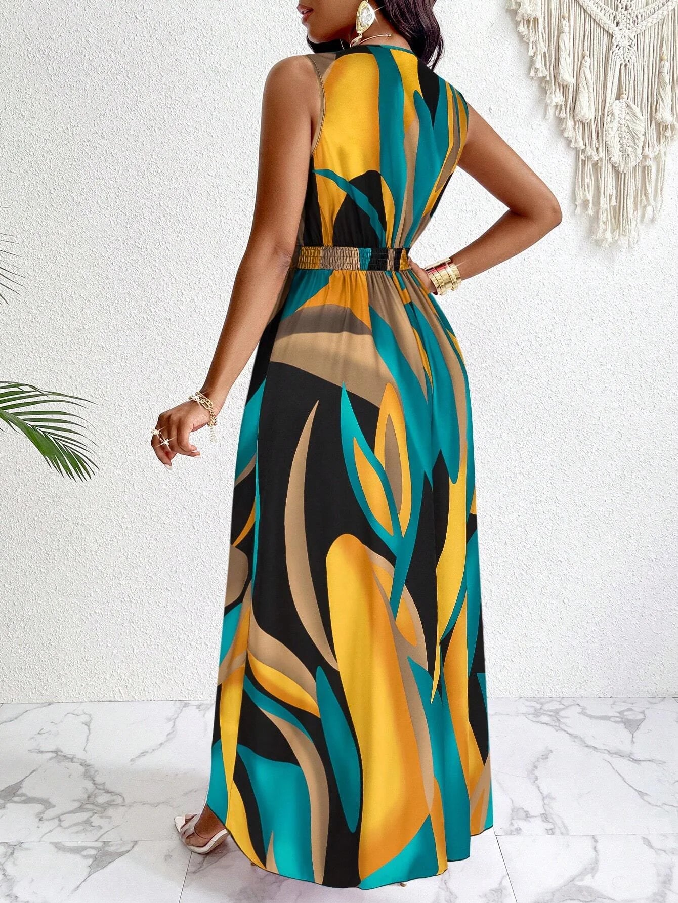 Robe en tricot torsadé, imprimé Tropical, col en v