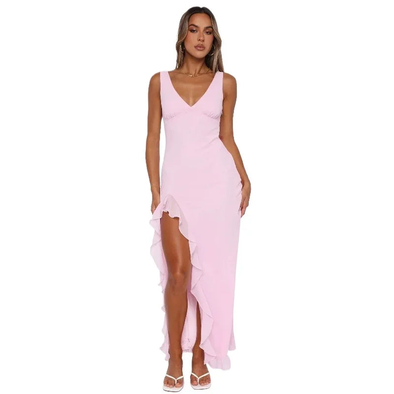 Robe de Soirée Sexy à Volants – Élégante, Col en V, Fendue