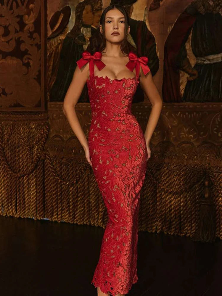Robe Maxi Sexy en Dentelle avec Nœuds