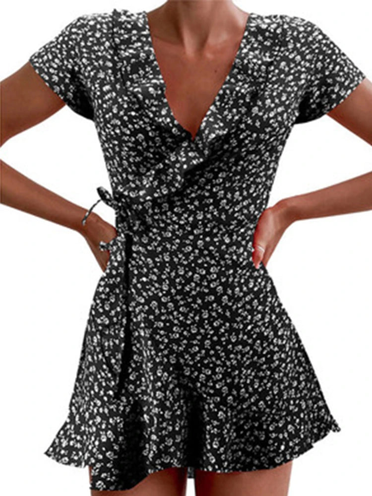 Robe Courte à Fleurs – Trapèze Flottante Été, Col V, Volants Élégants, Bretelles, Chic