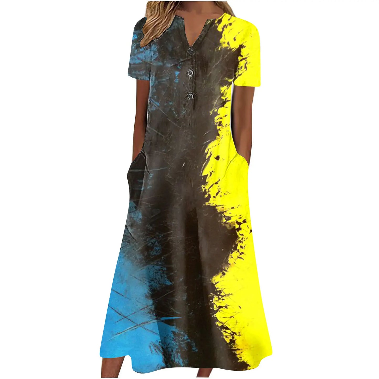 Robe V-Neck Bouton Manches Courtes  Elégant D’été Imprimé