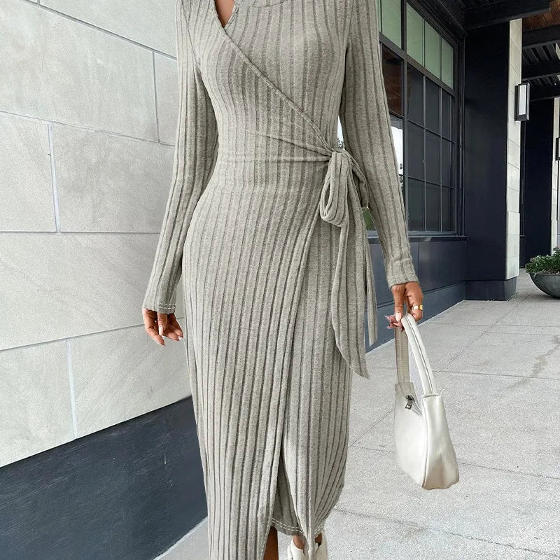Robe Col rond Manches longues Taille mince Nouer jusqu’à la robe tricotée