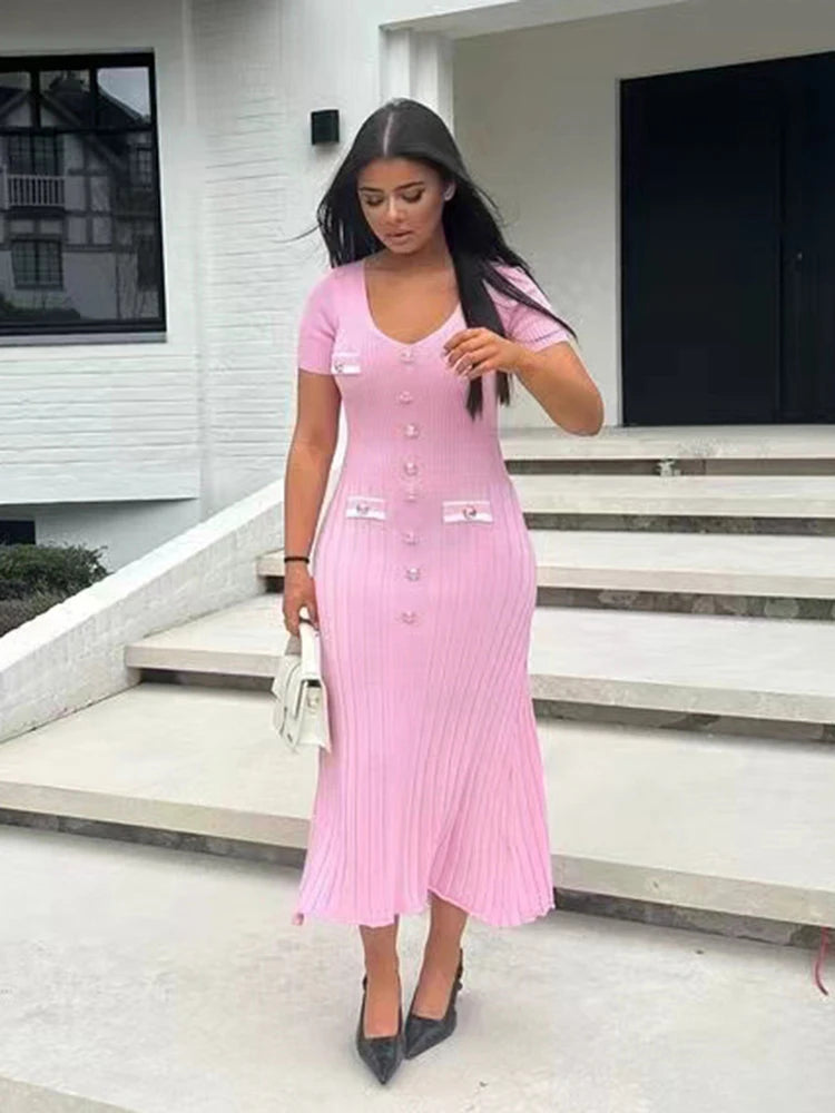 Robe longue tricotée élégante tenue de bureau, manches courtes, col en V, simple boutonnage, moulante