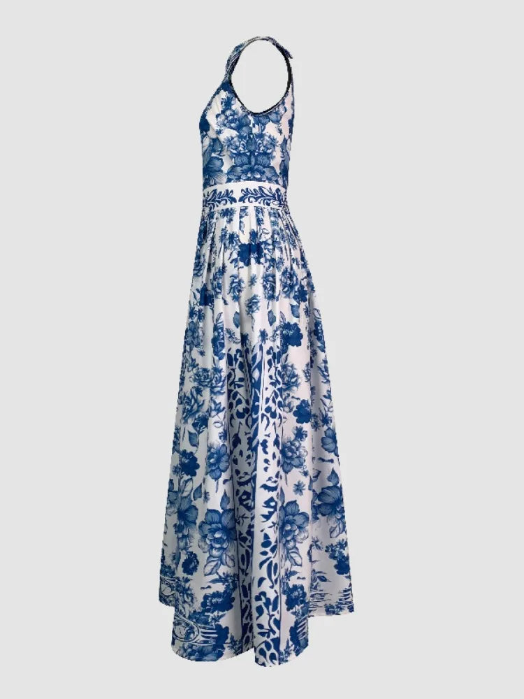 Robe Longue Trapèze – Imprimé Fleuri Vintage, Col à Revers, Élégante et Classique, Style Fête ou Cérémonie