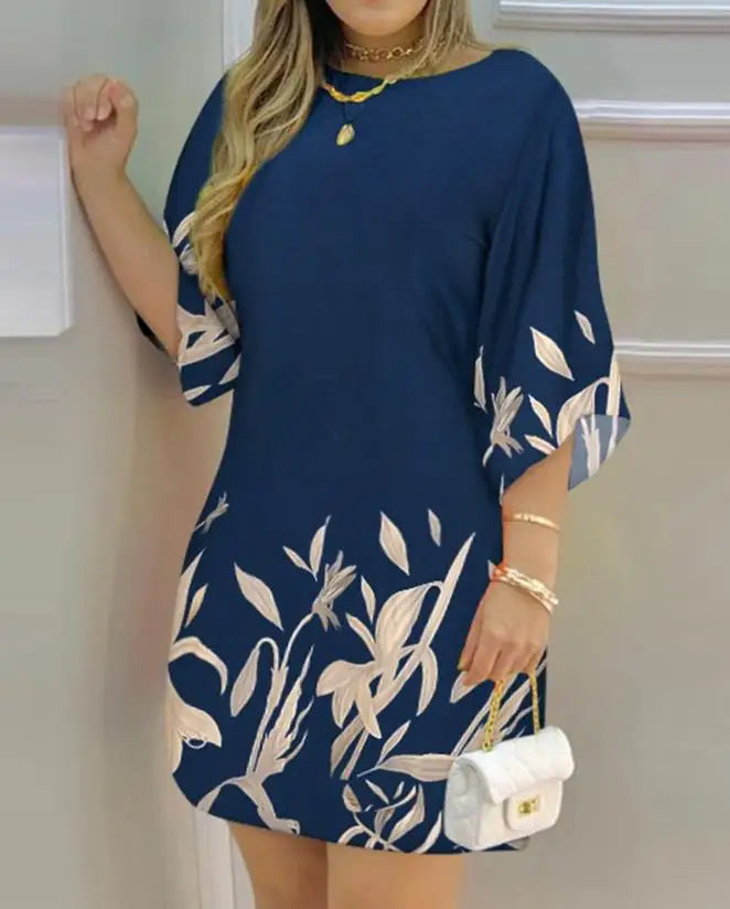 Robe Décontractée Européennes & Américaines Vêtements Col Bateau Vacances Casual Droites Mode Nouvelles Plantes Imprimer