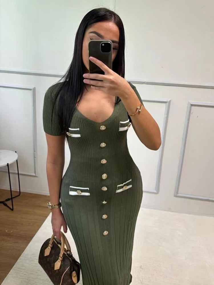 Robe longue tricotée élégante tenue de bureau, manches courtes, col en V, simple boutonnage, moulante