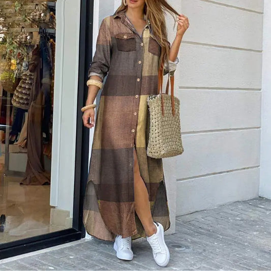 Robe Plaid Imprimé Col Polo Chemise Denim Élégant Manches Longues Bouton Poche