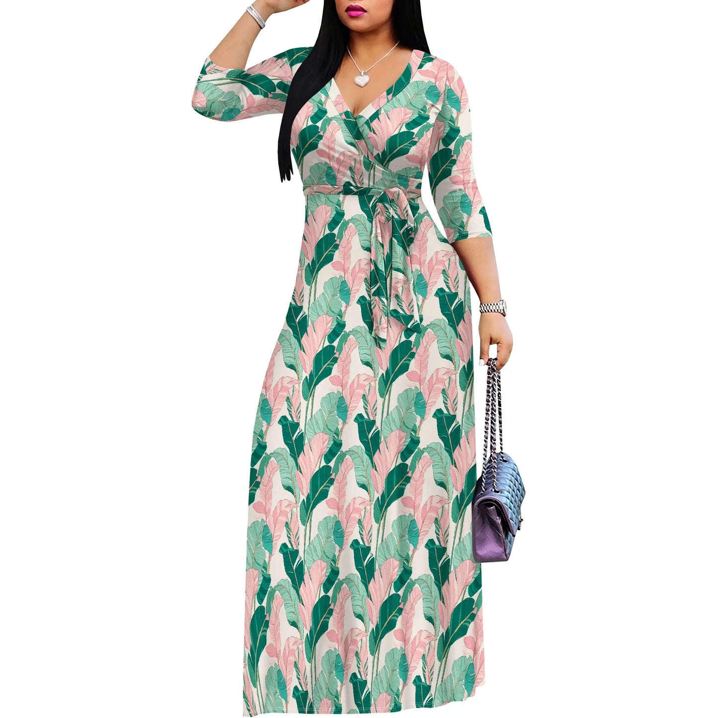 Robe portefeuille à feuilles tropicales rose vert imprimé col en v