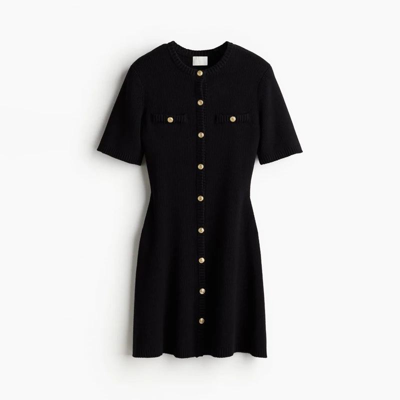 Mini Robe Tricotée Blanche Femme – Élégante, Sexy, Cintrée, Côtelée, Boutons Métal