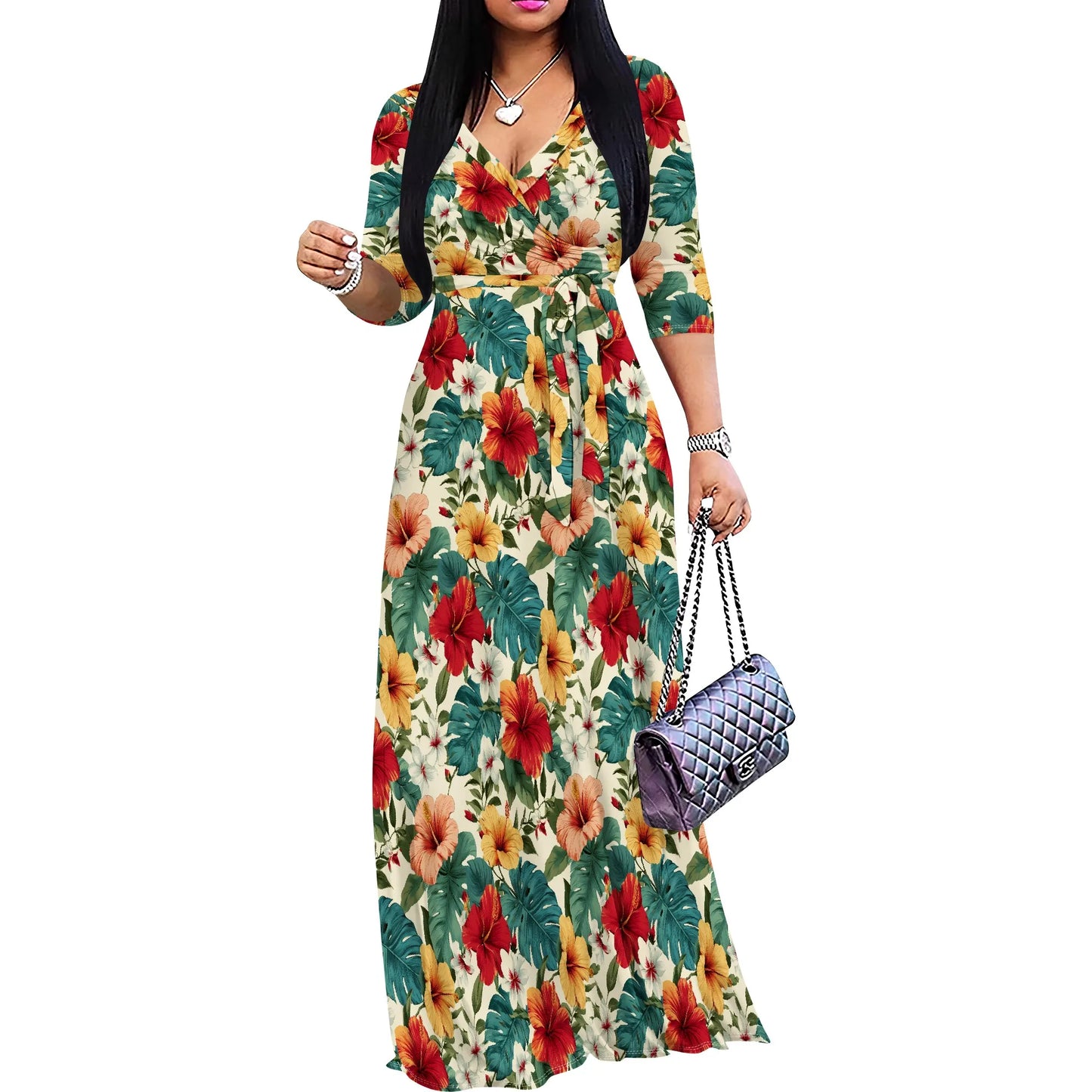 Robe portefeuille à feuilles tropicales rose vert imprimé col en v