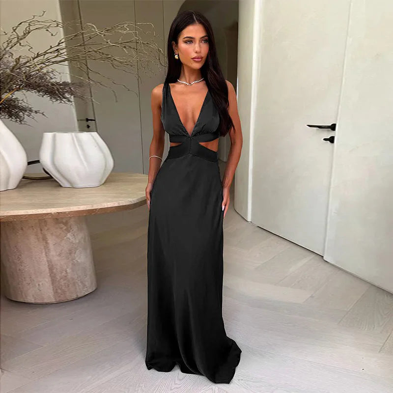Robe Longue – Col V Profond, Sans Manches, Fendue, Dos Nu, Taille Haute