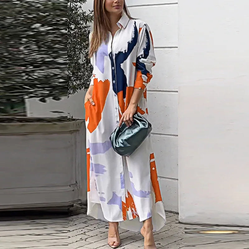 Robe Irrégulière Imprimé Avec Poche Longue Chemise À Poitrine Simple
