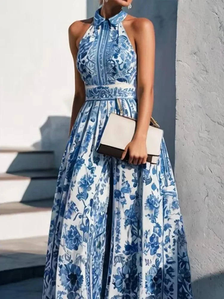 Robe Longue Trapèze – Imprimé Fleuri Vintage, Col à Revers, Élégante et Classique, Style Fête ou Cérémonie
