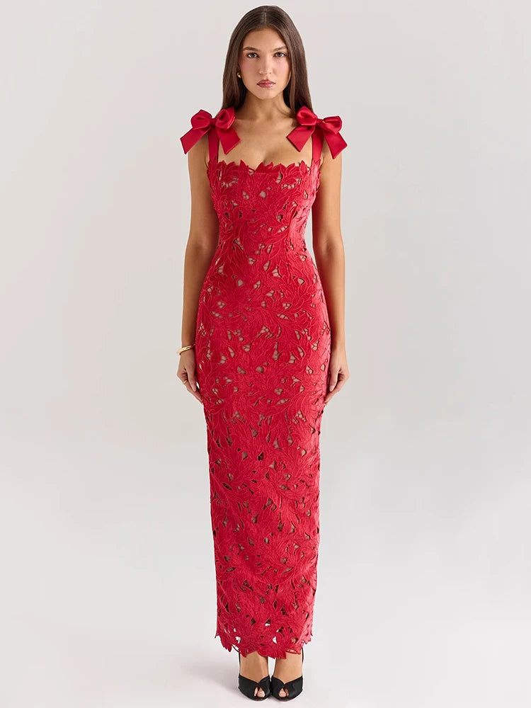 Robe Maxi Sexy en Dentelle avec Nœuds