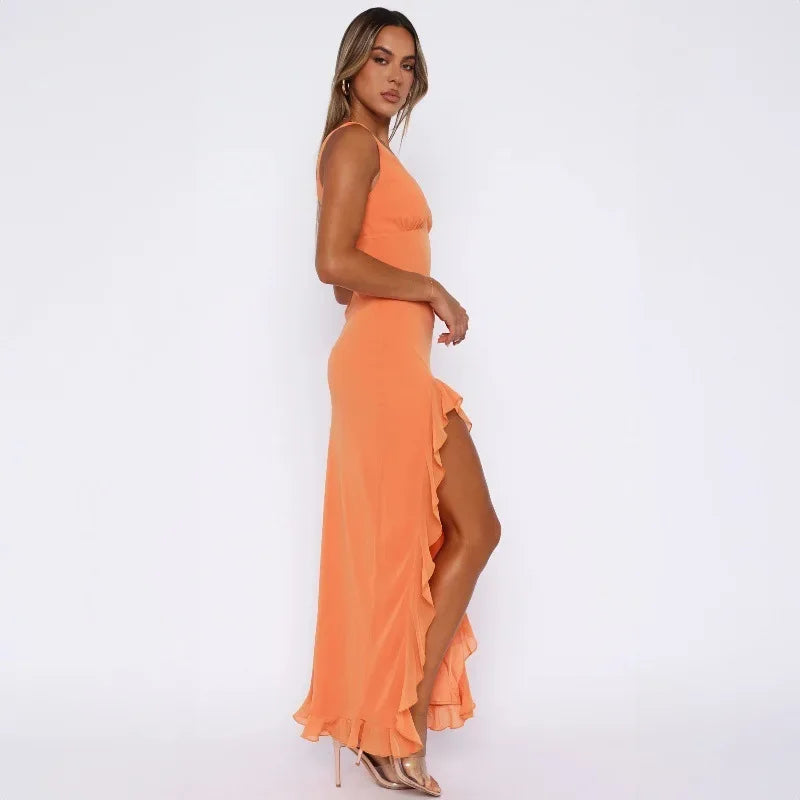 Robe de Soirée Sexy à Volants – Élégante, Col en V, Fendue