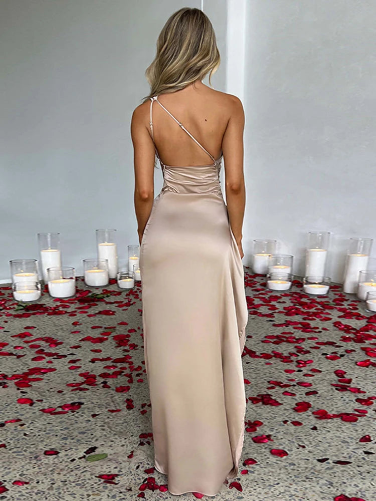Robe longue en satin sexy d’été à une épaule  sans manches dos nu