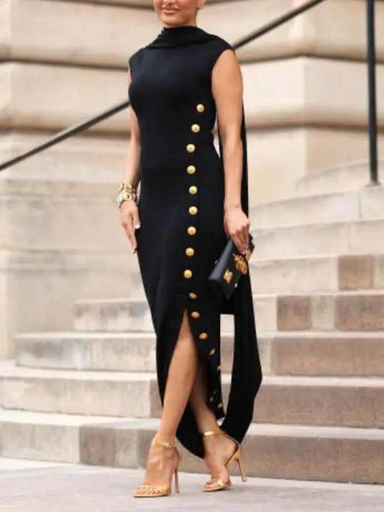 Robe Élégante à Col Châle – Boutonnée, Fente Latérale, Style Bureau Décontracté, Fibre Légère, Noir ou Blanc