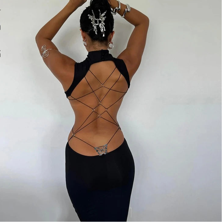 Robe Longue Sexy Dos Nu Bandage Papillon
