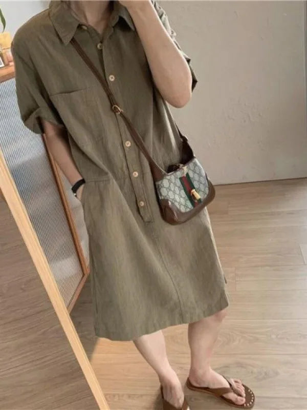 Robe Chemise Mi-Longue en Coton & Lin