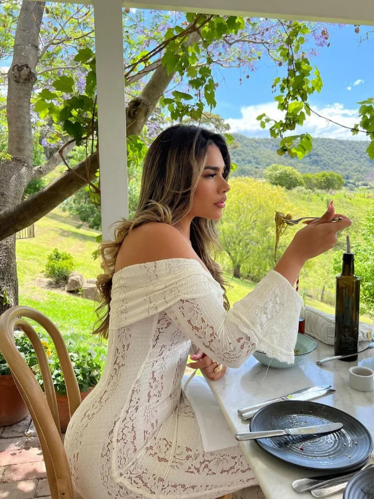 Robe de Soirée Transparente à Lacets , Tenue Sexy, Ajourée, Manches Évasées, Enveloppée sur la Poitrine