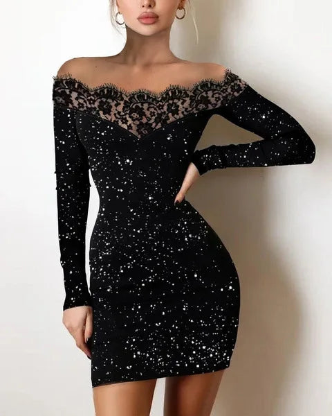 Robe Sexy Bord Dentelle À Manches Longues, Une Épaule Argent Poudre