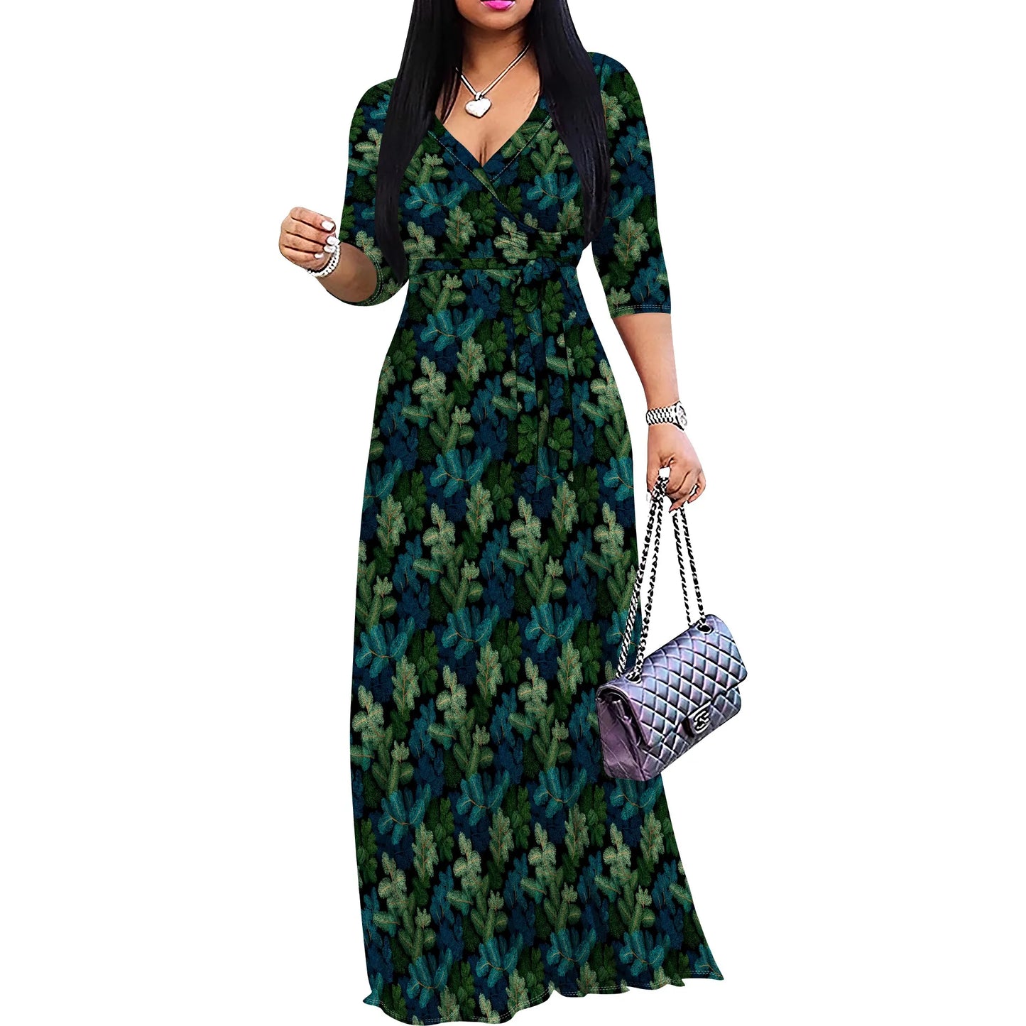 Robe portefeuille à feuilles tropicales rose vert imprimé col en v