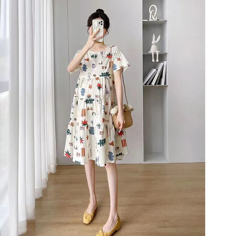 Robe de Grossesse Été – Manches Courtes, Coupe Ample Mi-Longue