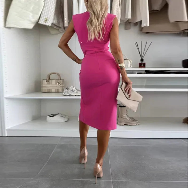 Robe de Bureau Chic, Col Rond, Sans Manches, Fendue, Fermeture Éclair