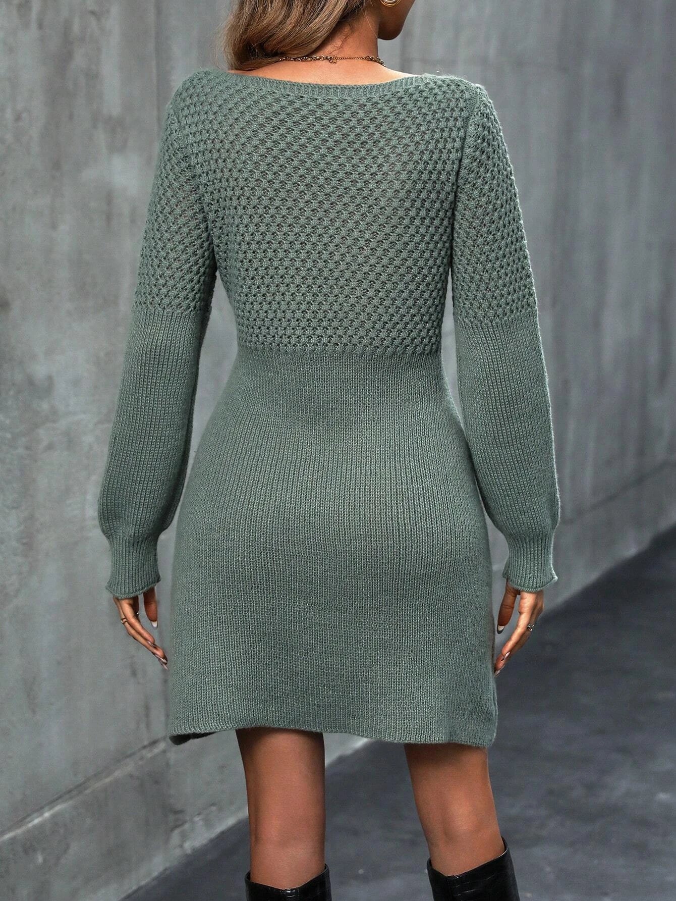 Robe Pull Femme Col V – Manches Évêque, Tricot Élégant Printemps Automne