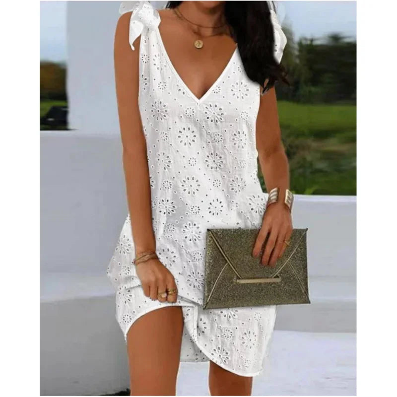 Robes élégantes col en v œillet broderie détail noué sans manches Mini robe droite vacances mode robe d'été